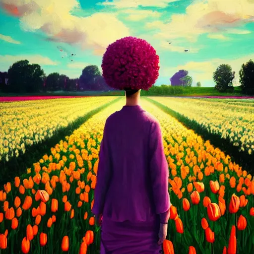 Prompt: large tulip head, girl walking in a flower field, surreal photography, sunrise dramatic light, impressionist painting, colorful clouds, digital painting, artstation, simon stalenhag, flower face