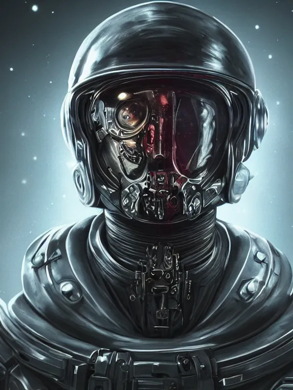 Image similar to portrait art of 8k ultra realistic retro futuristic undead astronaut, helmet visor open, glow around helmet, deep space , detailed intricate ornate armour,blade runner, cybernetic, full of colour, cinematic lighting, trending on artstation, 4k, hyperrealistic, focused, extreme details,unreal engine 5, cinematic, masterpiece, art by ayami kojima, giger