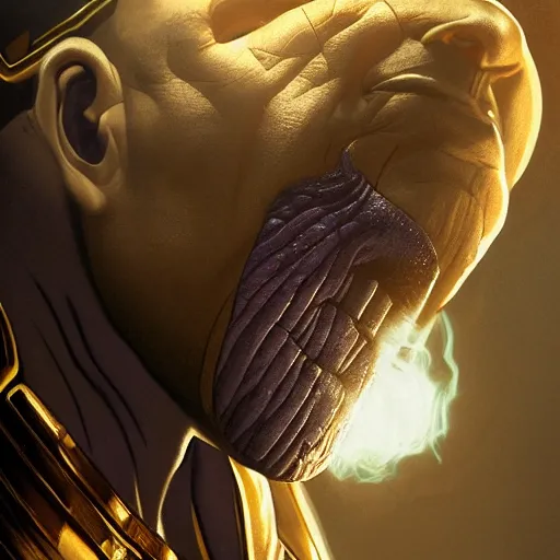 Image similar to a dramatic commission of thanos smoking a cigar with text feel free to screenshot,dramatic,award winning,inspirational,digital art,art by greg rutkowski,photorealistic,highly detailed,detailed face,professional lighting,deviantart,artstation,cg society