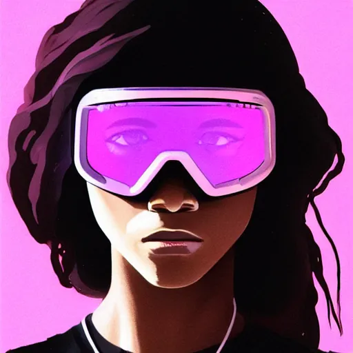 Prompt: zendaya wearing opaque reflective goggles profile picture by Greg Rutkowski, brown skin, very long hair, dune, asymmetrical, futuristic, neon volumetric lights, cool colors, streetwear, studio ghibli, Organic Painting , Matte Painting, geometric shapes, hard edges, street art, trending on the artstation, fantasy LUT, realistic by Sachin Teng + Martin Grip + Moebius, techwear, Industrial Scifi, detailed illustration, character portrait,