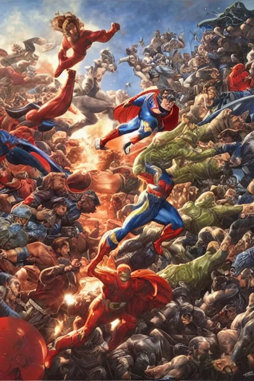 Prompt: super hero civil war battle. art by tomacz alen kopera and gaston bussiere and alex ross.