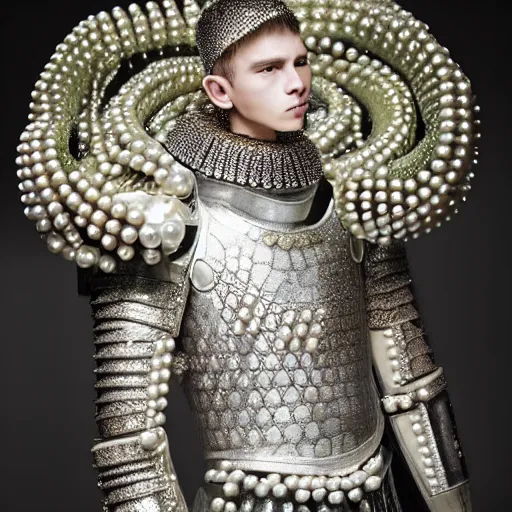 Image similar to a portrait of a beautiful young male wearing an alexander mcqueen armor made of holographic pearls , photographed by andrew thomas huang, artistic