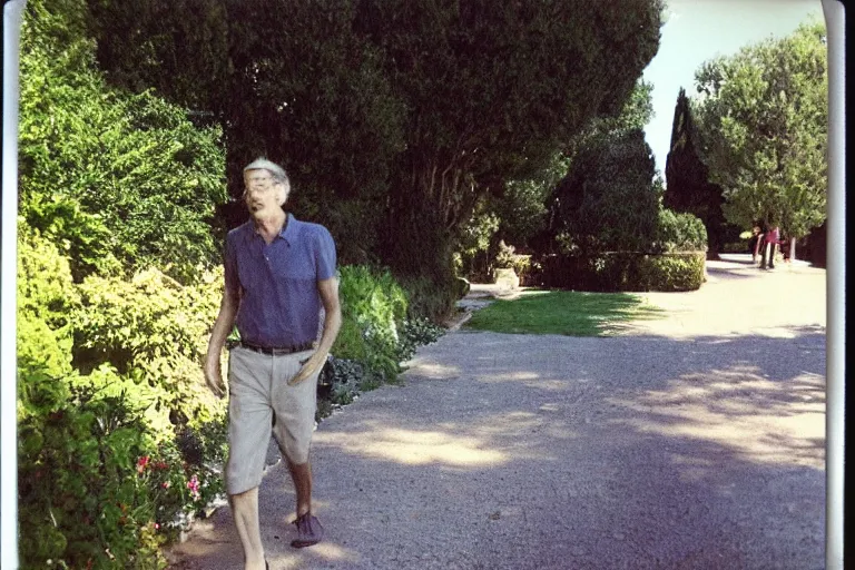 Image similar to a polaroid photo south of france 2001 by Elbridge Ayer Burbank flickr a handsome tall man walking down a sidewalk next to a garden photo taken with fujifilm superia garden gardens horticultural photo taken with ektachrome photo taken with provia