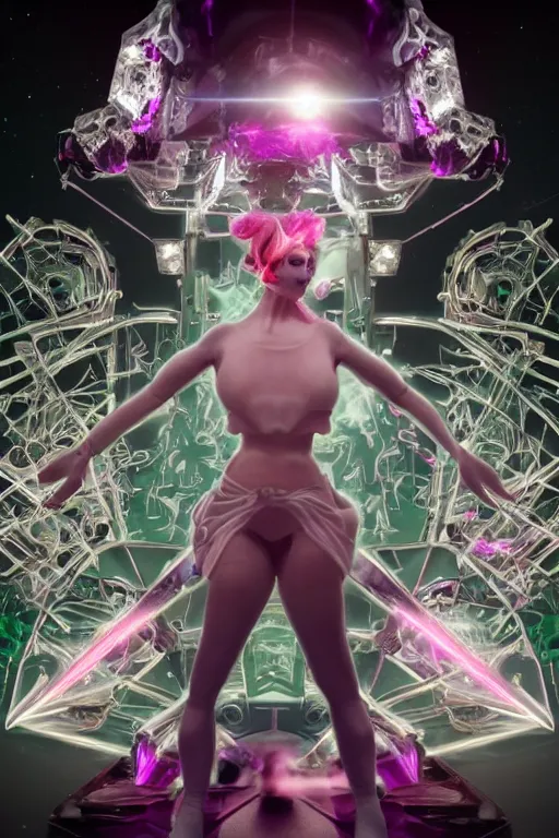 Prompt: full-body rococo and cyberpunk style crystal quartz sculpture of a young handsome seductive Puerto Rican android gogo reaching for the sky, glowing pink laser eyes, crown of white gears and diamonds, swirling green-colored silk fabric. futuristic elements. full-length view. intricate artwork by caravaggio. Trending on artstation, octane render, cinematic lighting from the right, hyper realism, octane render, 8k, depth of field, 3D