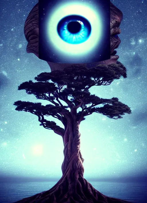 Prompt: a god tree from which planets or galaxies hang instead of futas, the tree is on top of a calm sea, in the background there is an eye whose iris coincides with the tree. fantasy art, horror, photo realistic, dynamic lighting, artstation, poster, volumetric lighting, very detailed faces, 4 k, award winning