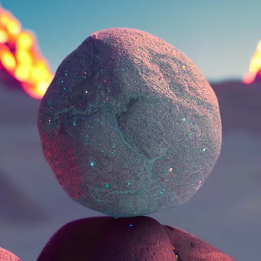 Prompt: a close up of some rocks with fire in the background, a digital rendering by goro fujita, zbrush central, space art, rendered in unreal engine, made of crystals, glowing lights