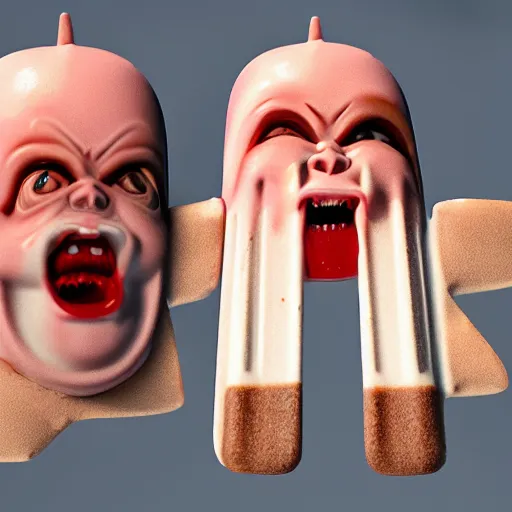 Prompt: ice cream popsicle shaped like screaming chucky doll, octane render, ultrarealistic, centered