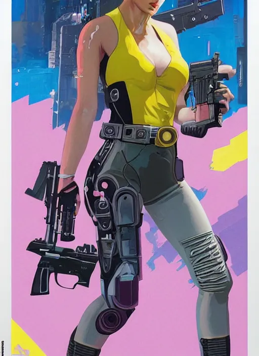 Image similar to beautiful cyberpunk female athlete wearing pink jumpsuit and firing a futuristic yellow belt fed automatic pistol. ad poster for pistol. cyberpunk poster by james gurney, azamat khairov, and alphonso mucha. artstationhq. gorgeous face. painting with vivid color, cell shading. ( rb 6 s, cyberpunk 2 0 7 7 )