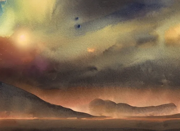 Image similar to beautiful watercolour landscape, wide vista. a barren alien world. dramatic lighting. starscape. science fiction art. painterly. digital painting. dramatic