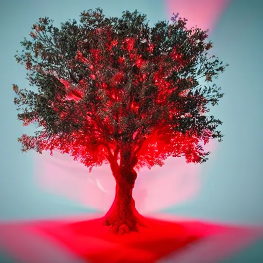 Prompt: a mystical tree glowing inside a glass box, red light surrounding the box, black background