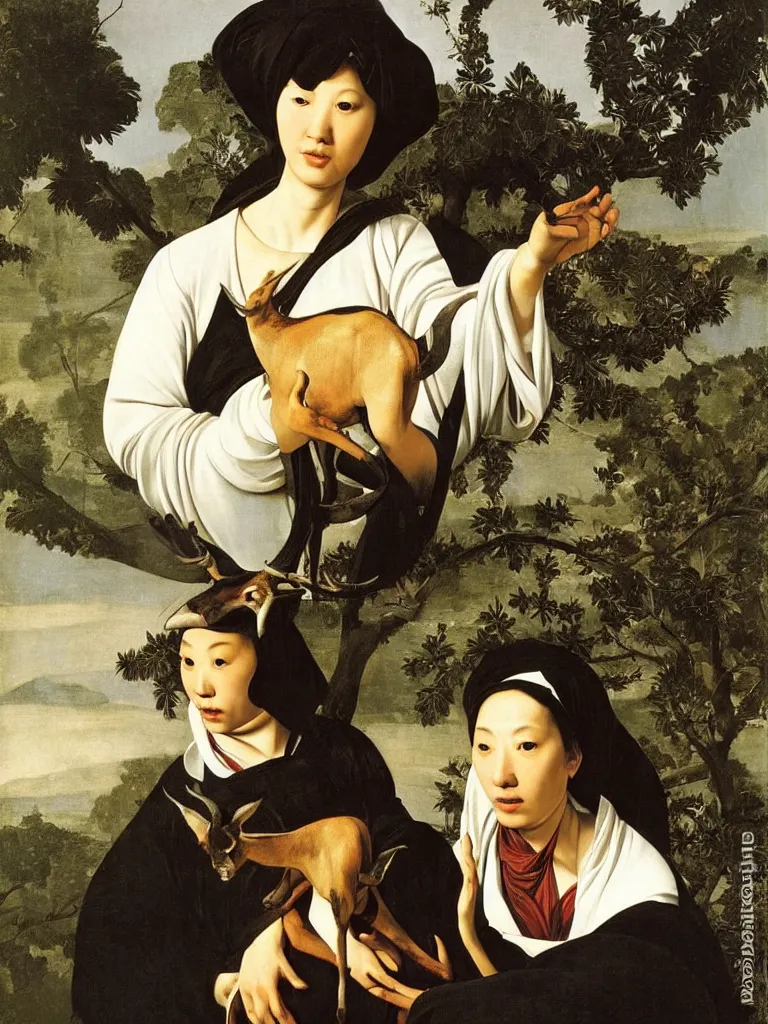 Image similar to Portrait of oriental woman with an antelope. Landscape with trees in the fog. Painting by Caravaggio