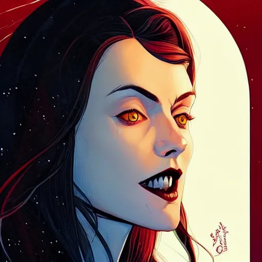 Image similar to Rafeal Albuquerque comic art, Joshua Middleton comic art, pretty female Phoebe Tonkin, vampire, fully red eyes no pupils, sharp vampire teeth, evil smile, horror, symmetrical face, symmetrical eyes, pretty white dress, short black hair, full body:: snow outside::