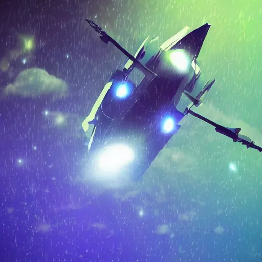 Image similar to ultra detailed sci fi spaceship flying in the sky under rain, bloom, contrasted lights