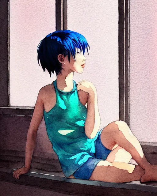 Prompt: watercolor painting of a pretty girl with short Blue hair, wearing a Tank top and shorts, sitting by a windowsill, In the style of ilya kuvshinov, dramatic lighting, fantasy, intricate, elegant, highly detailed, lifelike, photorealistic, digital painting, bokeh, HDR, high resolution, artstation, concept art, smooth, sharp focus, art by Krenz Cushart and Albert Aublet