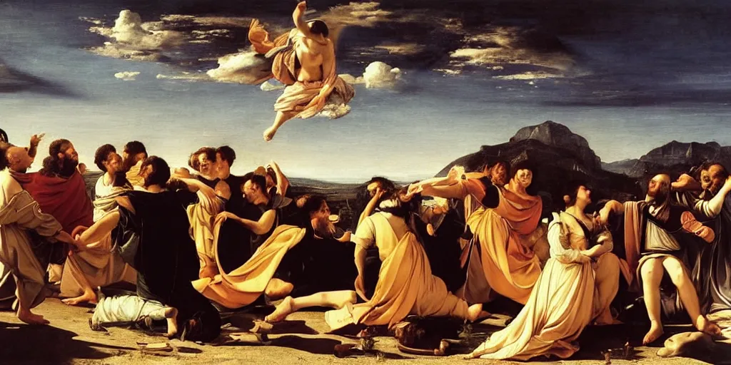 Image similar to beautiful oil matte portrait painting, people dancing among the clouds, flying in the sky, wonderful masterpiece highly detailed, beautiful cinematic light deep focus, elegant, digital painting, smooth, sharp focus, golden ratio, dramatic illumination, ultra realistic, 8 k, art by giovanni bellini and caravaggio