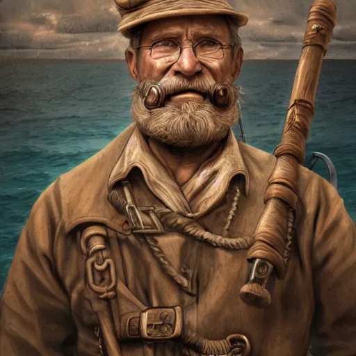 Image similar to a portrait of an old man who is a captain of a boat, weathered, in the style of steampunk, tattoo of boat on chest, holding a spear, retro, with beard and scar on face. trending on artstation, ambient lighting, 4k render, ultra hd:: behance art