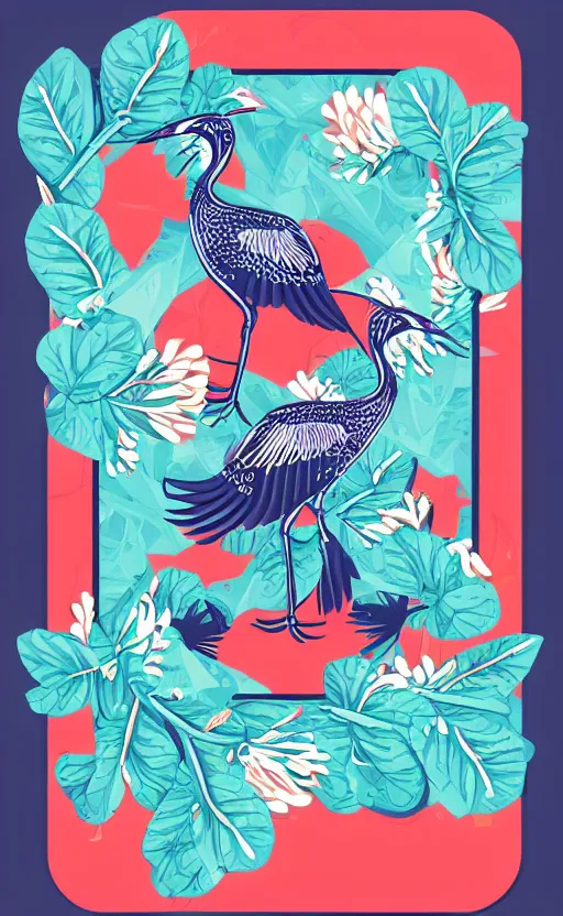 Image similar to fresh poker card design, vector, solid colors, japanese crane bird in the middle, vivid colors, clean elements, trending on kickstarter