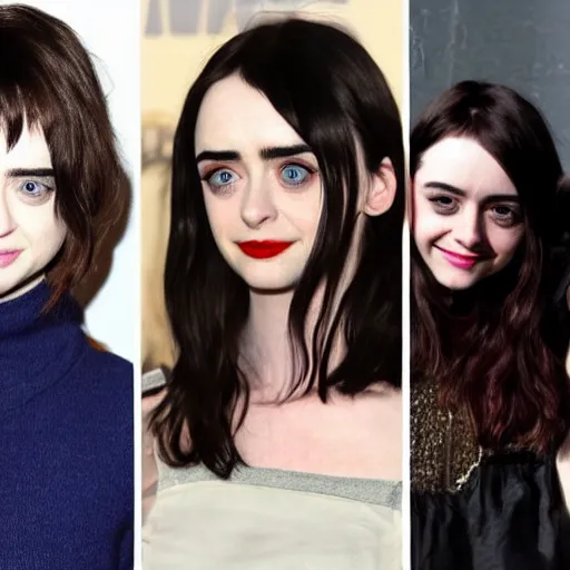 Image similar to a combination of Maisie Williams, Krysten Ritter, Anne Hathaway and Natalia Dwyer Christina Ricci and Lily Collins, long hair dark eyes