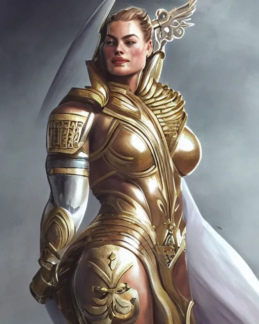 Image similar to full figure ultra realistic illustration, margot robbie as thick female bodybuilder knight zarya from overwatch smiling with closed eyes wearing egyptian armour, intricate, elegant, highly detailed, digital painting, artstation, concept art, smooth, sharp focus, illustration, art by artgerm and greg rutkowski and alphonse mucha