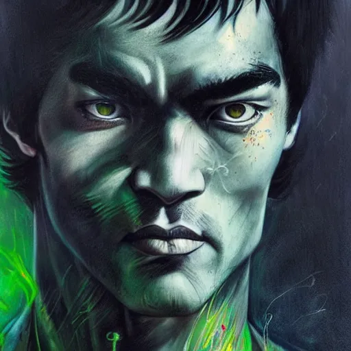 Image similar to a demon slayer portrait of bruce lee, tall, pale - skinned, and slender with lime green eyes and long eyelashes by stanley artgerm, tom bagshaw, arthur adams, carne griffiths, trending on deviant art, street art, face enhance, chillwave, maximalist, full of color, glittering