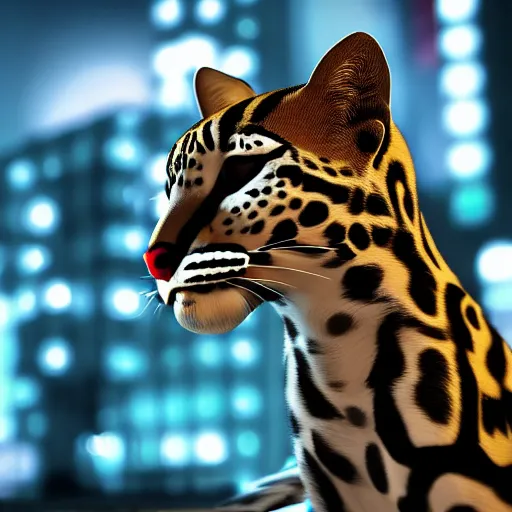 Image similar to profile shot of a neon ocelot, city lights, strong bokeh, dramatic, cinematic, high contrast, octane render, 4k