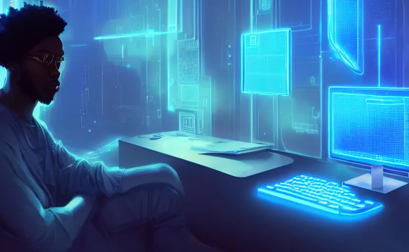 Image similar to handsome black genius hacking the metaverse, holographic keyboard, curved digital displays, urban interior, electric blue glowing lights, highly detailed, digital painting, artstation, concept art, smooth, sharp focus, illustration, art by wlop, mars ravelo and greg rutkowski