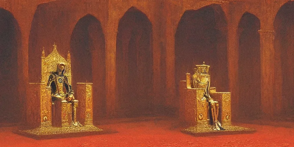 Image similar to a medieval king sitting on a golden throne in a palace, beksinski painting
