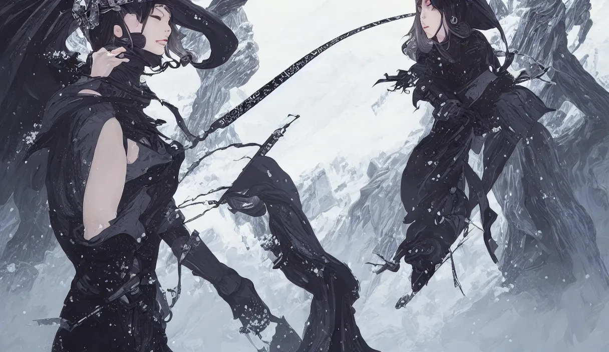 Image similar to portrait ninja gaiden girl, black plus white ninja wardrobe, at snowy fuji mountain sunrise, ssci - fi and fantasy, intricate and very very beautiful, detailed, digital painting, artstation, concept art, smooth and sharp focus, illustration, art by tian zi and wlop and alphonse mucha