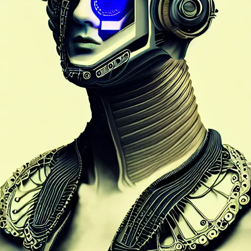Image similar to portrait of an absurdly handsome, clean shaven, sophisticated, fashionable male cyberpunk mechanoid, hyperdetailed illustratio, matt wisniewski style, intricate linework, male fashion photography, porcelain skin, jellyfish headband, unreal engine 5 highly rendered, radiant light, detailed and intricate environment