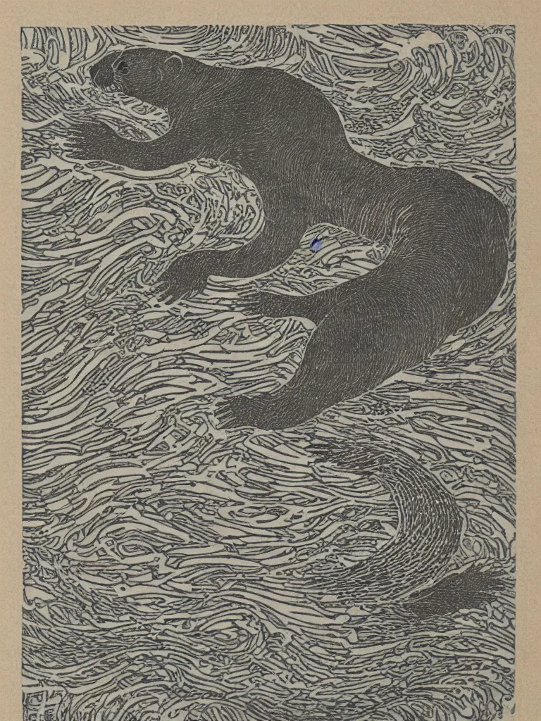 Image similar to print of an otter, Japanese wood cut