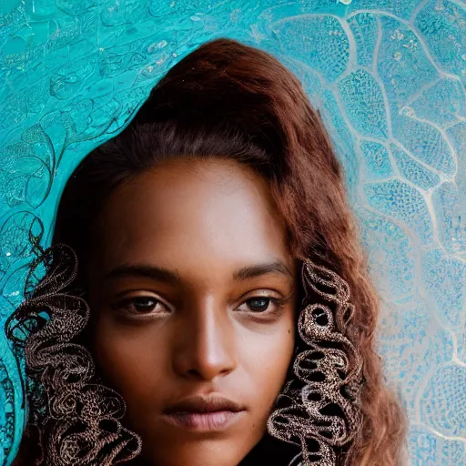 Prompt: a regal brown woman wearing an intricate and detailed armor made of azure ocean waves. layers. textures. delicate. translucent. soft. ethereal. fragile. vulnerable. studio portrait. photorealistic.