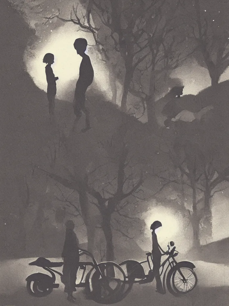 Image similar to a boy and a girl side by side, a strong beam of light between their faces, nostalgic, night, some trees and a motorcycle in the background, dramatic reddish light, atmospheric, 1 9 7 0 s magazine illustration