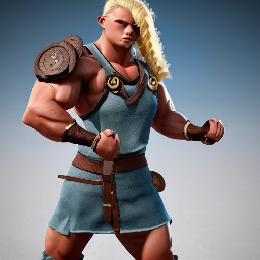 Image similar to a handsome bodybuilder viking girl with blond hair, clash royal style characters, unreal engine 5, octane render, detailed, cinematografic, cinema 4 d