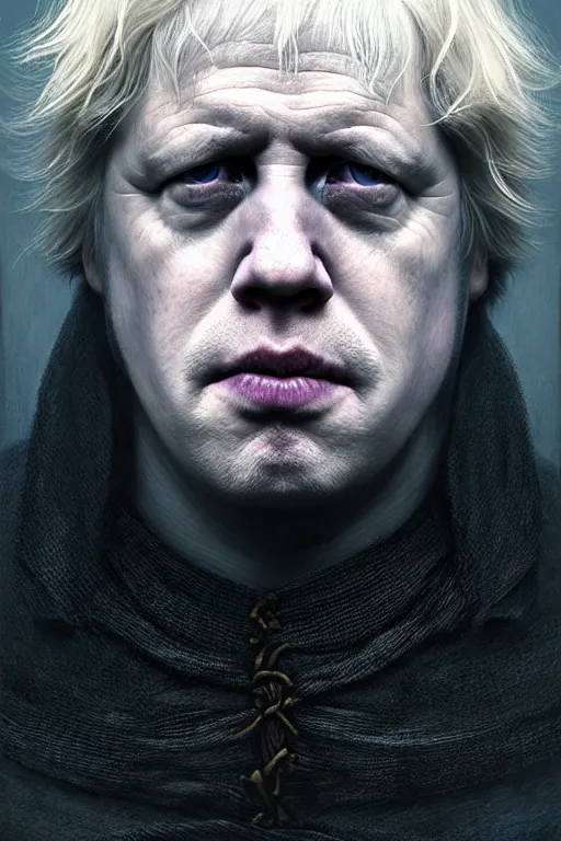 Image similar to perfectly - centered horror portrait - photograph of boris johnson as daenarys targaryen real life portrait by beksinski and jean delville, unreal engine 5, photorealism, hd quality, 8 k resolution, cinema 4 d, hdr dramatic cinematic lighting