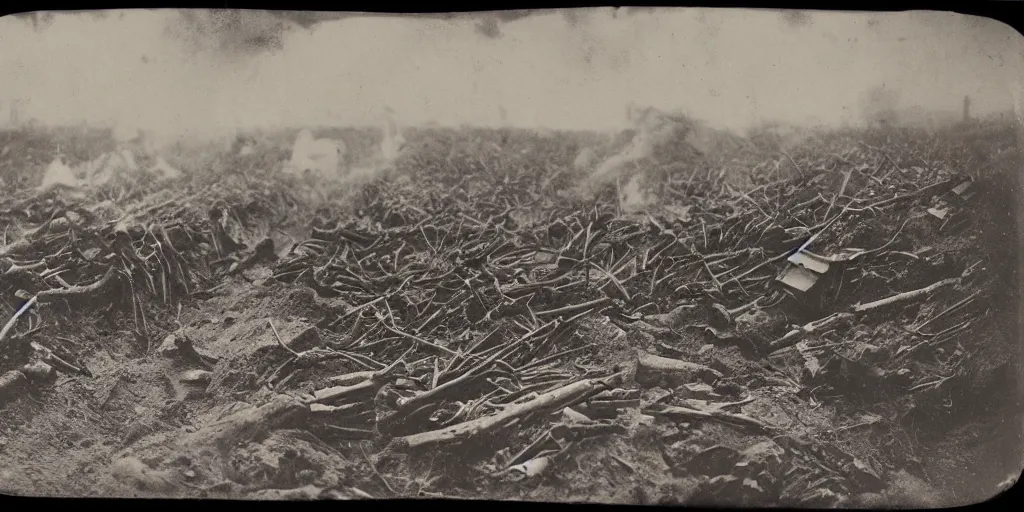 Image similar to american civil war trench battle, deep trenches in the ground, shots fired, clouds of smoke, explosions, aerial view, 1864 tintype photograph