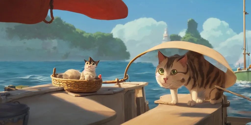 Image similar to a wholesome animation key shot of a cute cat on a fishing boat wearing a sunhat, studio ghibli, pixar and disney animation, sharp, rendered in unreal engine 5, anime key art by greg rutkowski, bloom, dramatic, dynamic lighting