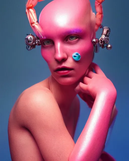 Image similar to natural light, soft focus portrait of a cyberpunk anthropomorphic shrimp with soft synthetic pink skin, blue bioluminescent plastics, smooth shiny metal, elaborate ornate head piece, piercings, skin textures, by annie leibovitz, paul lehr