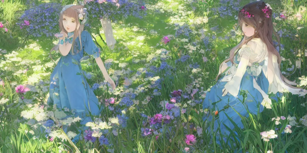 Image similar to a digital art of a loli with long hair in a dress in the privet garden at after noon, green and warm theme, blue flowers accents, back lighting, by krenz cushart and mucha and akihito yoshida and greg rutkowski and makoto shinkai, highly detailed, 4 k resolution, trending on art station