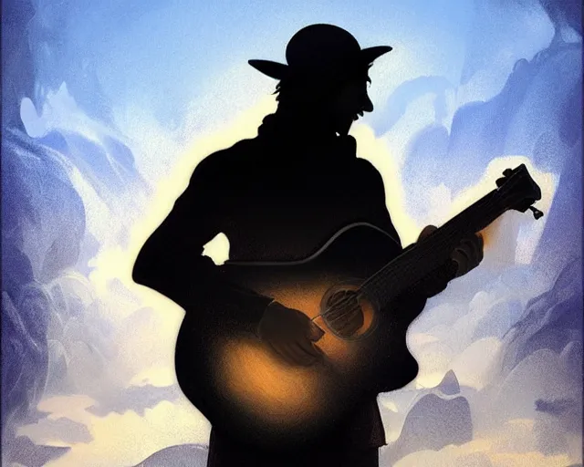 Image similar to A silhouette figure of a man with a guitar heavy mist, clouds that look like mountains deep blue dark, bright sunshine sun, deep focus, D&D, fantasy, intricate, elegant, highly detailed, digital painting, artstation, concept art, matte, sharp focus, illustration, hearthstone, art by Artgerm and Greg Rutkowski and Alphonse Mucha