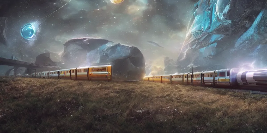Image similar to inter dimensional sci - fi train far future, travelling across the stars, cosmos, galaxy, concept art, dreamy, render by octane and blender, hyper realistic, cinematic lighting, unreal engin 5, by dominic mayer, 8 k, vray render, artstation, deviantart