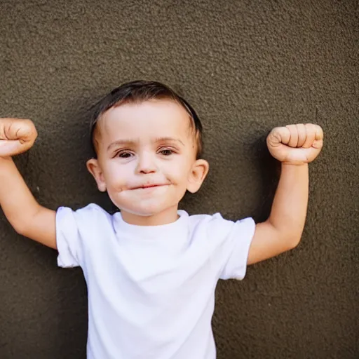 Prompt: small 3 year old boy in a white shirt with green sleeves holding a fist with crumpy look