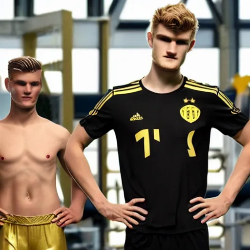 Image similar to a realistic detailed photo of a guy who is an attractive humanoid who is half robot and half humanoid, who is a male android, soccer players martin ødegaard & timo werner, shiny skin, posing like a statue, blank stare, in a factory, on display, showing off his muscles, gold soccer shorts, side view, looking at each other mindlessly