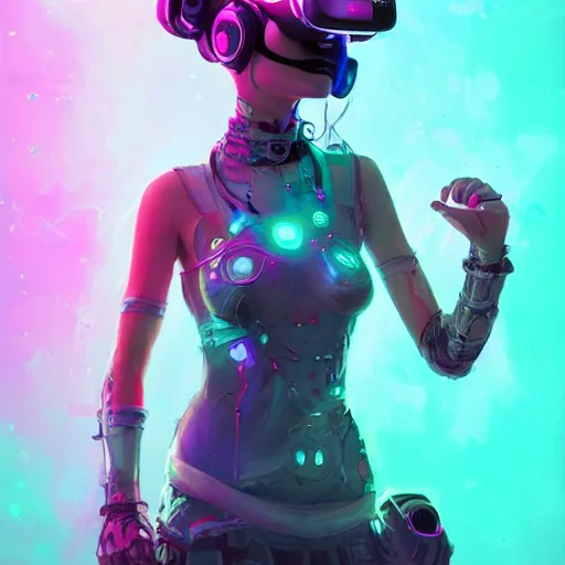 Image similar to portrait of a beautiful cybernetic raver girl wearing a oculus rift headset in a futuristic japanese penthouse, cyberpunk concept art by pete mohrbacher and artgerm and wlop and greg rutkowski, digital art, highly detailed, intricate, sci-fi, neon colors, sharp focus, Trending on Artstation HQ, deviantart, unreal engine 5, 4K UHD image