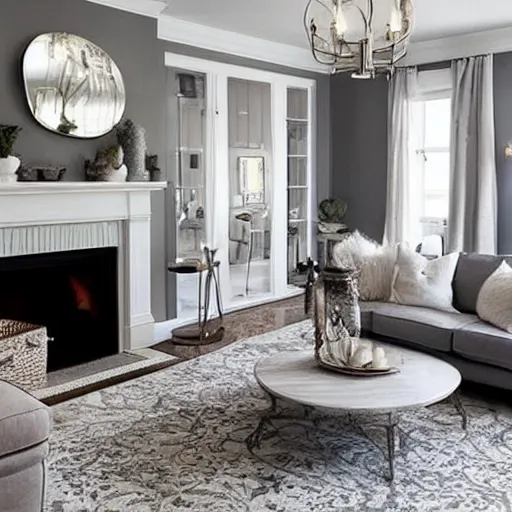 Image similar to cozy living room, grey walls, white ceiling, fireplace, medallion area rug