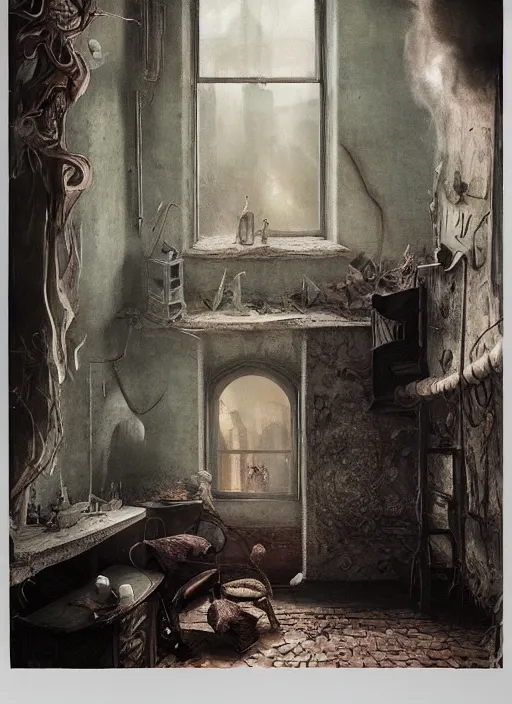 Image similar to a dreary bedroom where the wall behind the bed melts away to reveal fantastical scenes of dreams, dreams invading mundane spaces, fantasy infiltrating reality, bubbles of the impossible, swirls of magic, 8k, ultradetailed, illustrated by Greg Rutkowski and Caspar David Friedrich.