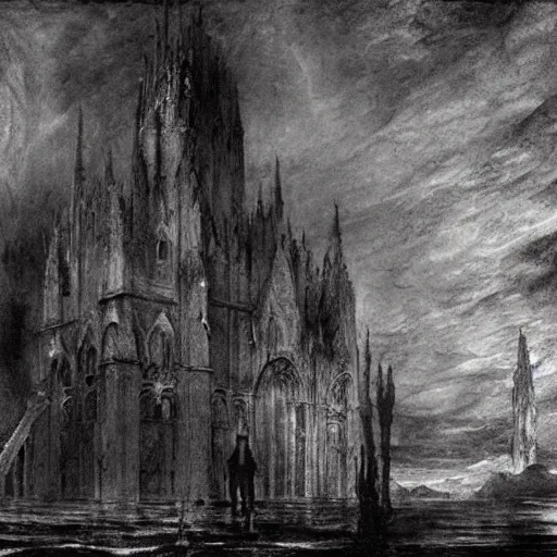 Image similar to an underwater gothic cathedral at the bottom of the ocean populated by mermaids, in the style of arnold bocklin francisco goya william blake and kentaro miura, dark and scary abyssal ambient, utradetailed, matte painting, smooth zenithal lighting, epic masterpiece,