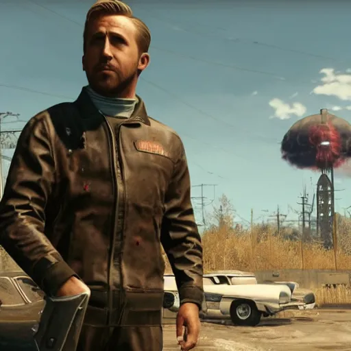 Prompt: ryan gosling in fallout 4 kneels near a nuclear bomb