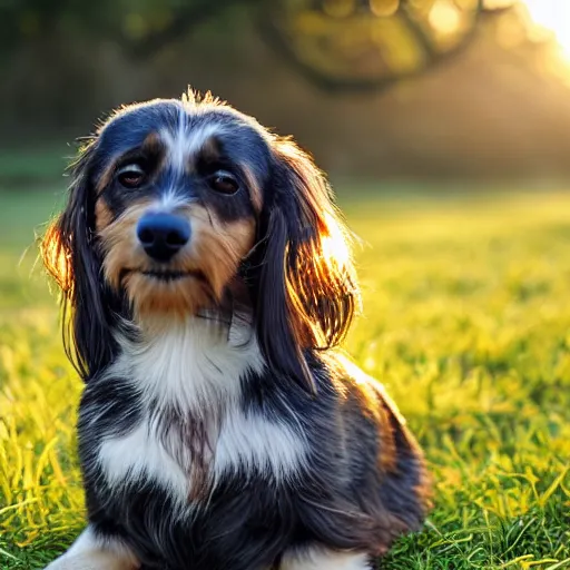 Prompt: the cutest looking mutt who is half long haired dachshund and half shih tzu, laying under a tree on a farm, golden hour, promised land, corn,