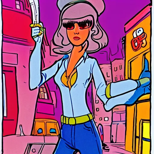 Prompt: young woman in city street holding a pistol, Ralph Bakshi cartoon artstyle, 70s psychedelic