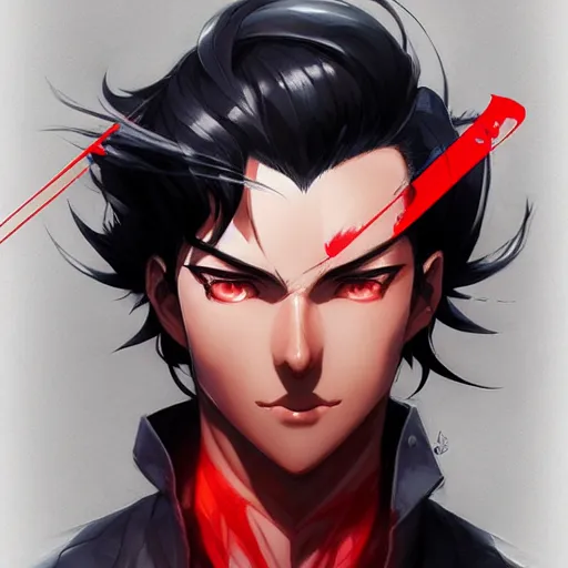 Image similar to anime portrait of a slick black hair guy with red eyes by stanley artgerm lau, wlop, rossdraws, james jean, andrei riabovitchev, marc simonetti, and sakimichan, trending on artstation